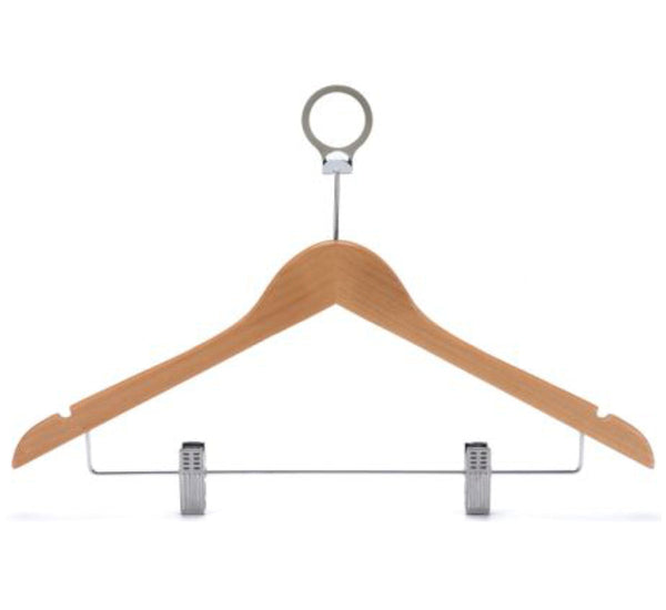 Anti-theft wooden clothes hanger in natural finish with security ring