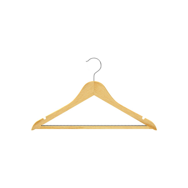 Lotus wood flat clothes hanger in natural finish with chrome hook