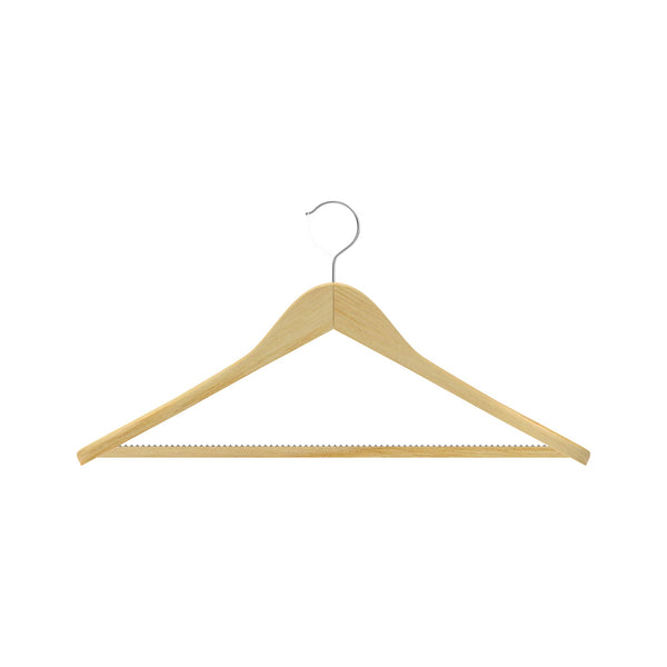 Lotus wood wide shoulder suit hanger in natural finish with chrome hook and trouser bar