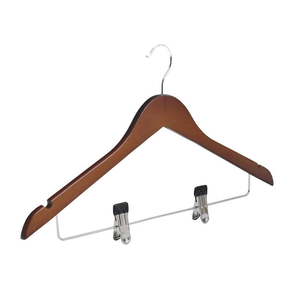 Cherry wood clothes hanger in brown with two metal clips