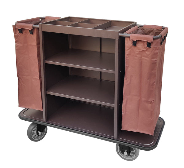 Housekeeping trolley cart in brown with shelves and integrated waste bin