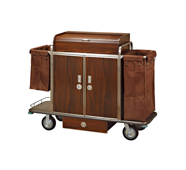 Hotel linen housekeeping cart in stainless steel and dark brown wood