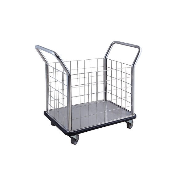 Stainless steel cloth and linen cart with high sides, matte silver finish