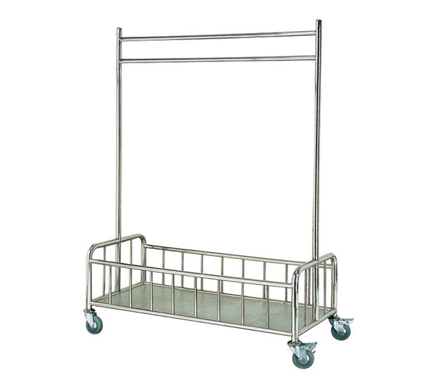 Stainless steel rolling laundry cart with overhead hanging bar