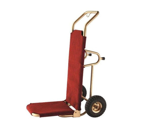 Premium hand luggage trolley with gold chromed frame and red carpeted deck