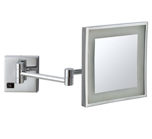 LED magnifying mirror in chrome with halo lighting on an extending arm