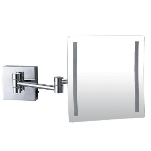 LED magnifying mirror on a silver swivel arm, wall mounted
