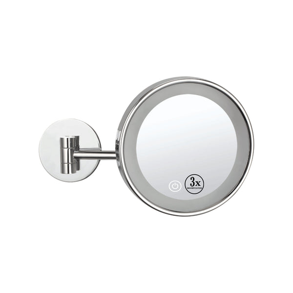 Round wall mounted magnifying mirror with white LED lighting on a single arm