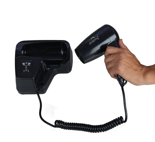 CLASSIC wall mounted hair dryer in black with integrated shaver socket