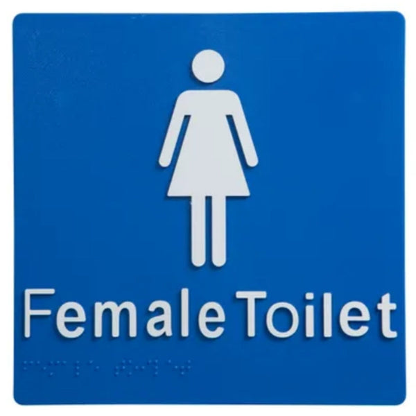 Female Toilet braille sign in blue and white, wall mounted