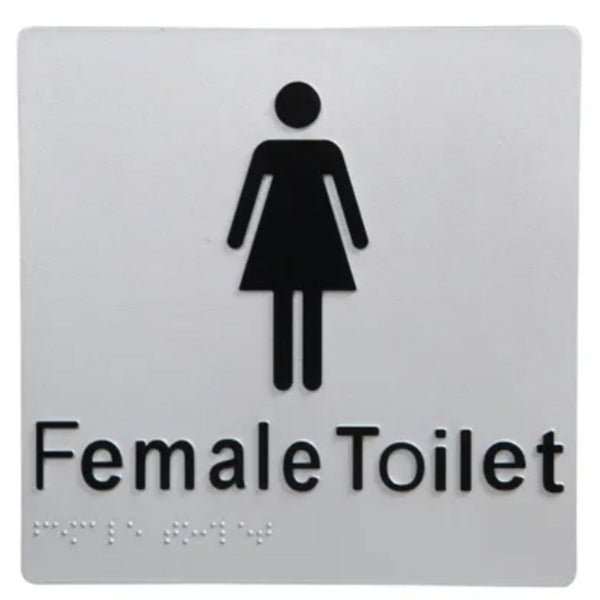 Female Toilet braille sign in silver and black, wall mounted