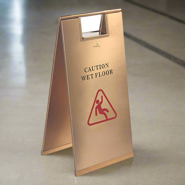 Stainless steel wet floor sign in titan gold, free-standing A-frame